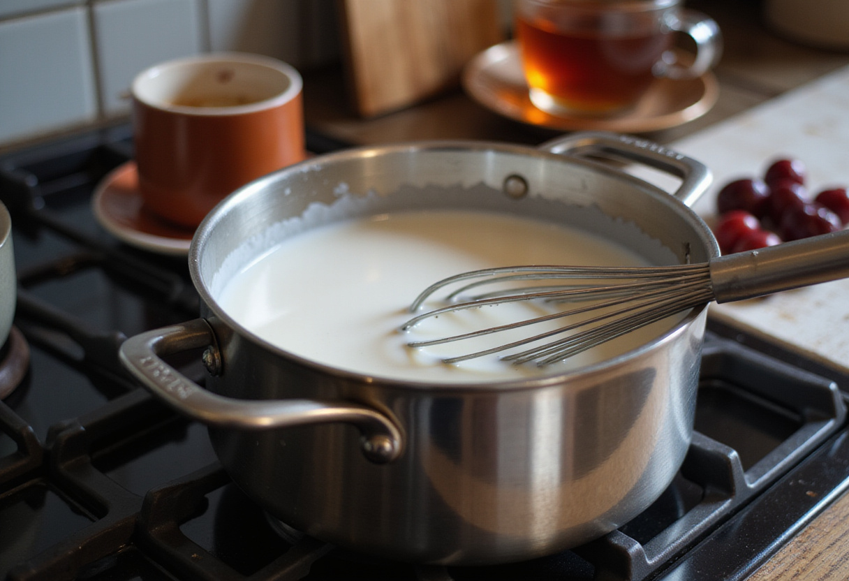 Simmering milk on the stove for Delicious Cherry Earl Grey Milk Tea, highlighting the milk preparation process.