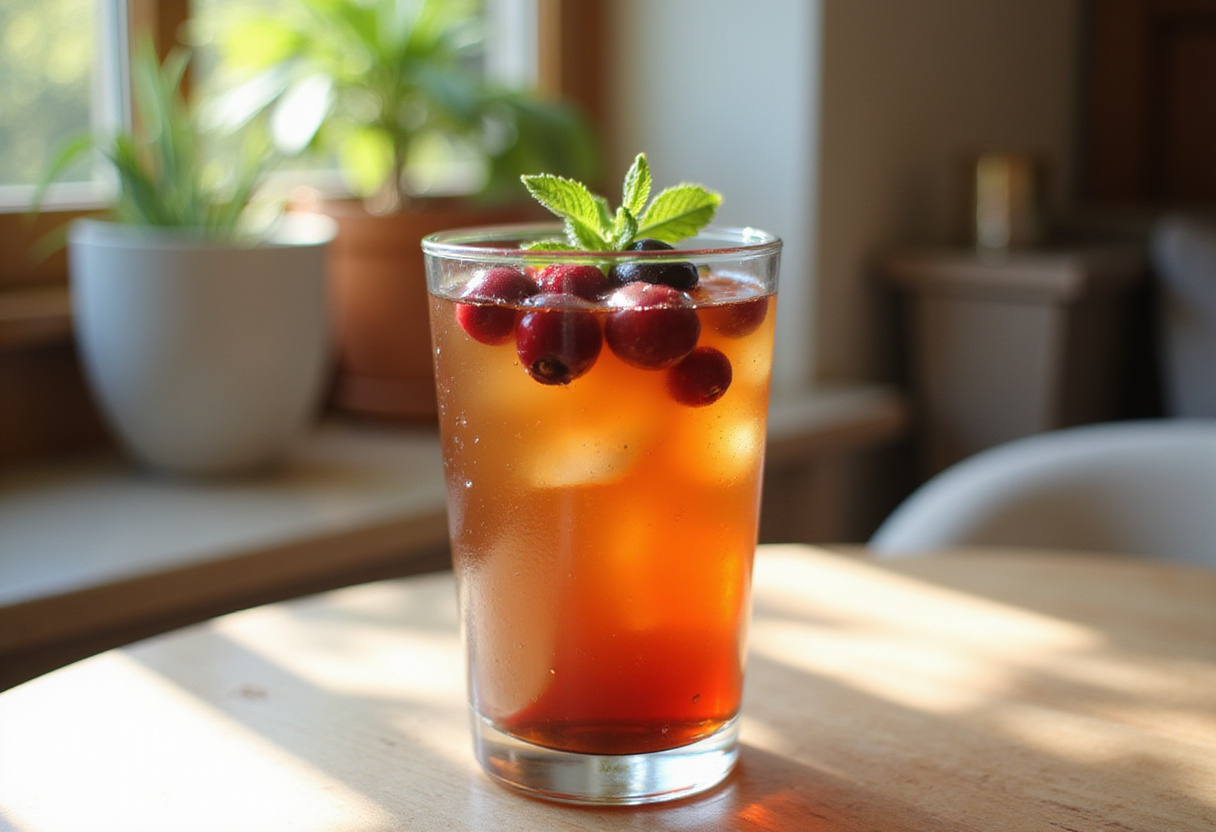 Iced Delicious Cherry Earl Grey Milk Tea served with fresh cherries and mint, perfect for a summer day.