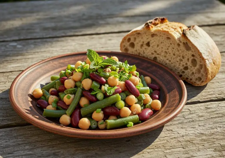 Final presentation of a delicious dense bean salad, showcasing vibrant colors and fresh ingredients, perfect for healthy dining.