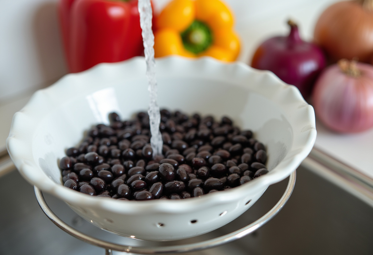 Canned black beans being rinsed, preparing for a delicious dense bean salad with fresh vegetables.