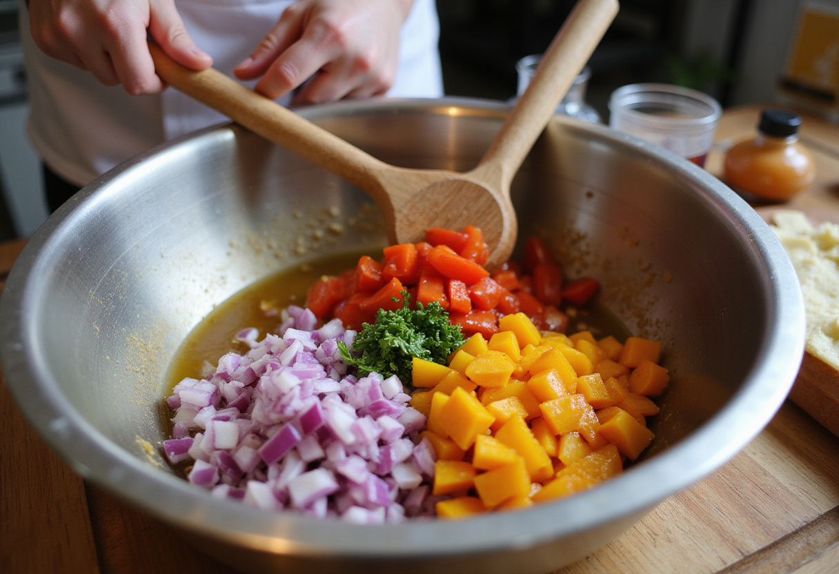 Chopped red onions and bell peppers being prepared for a rich and flavorful dense bean salad.