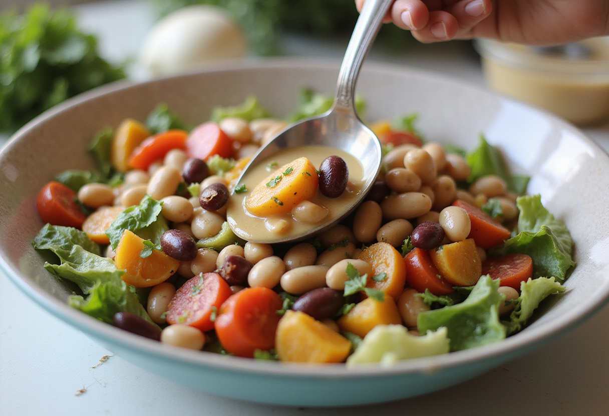 Mixing together a vibrant dense bean salad with fresh ingredients and dressing for a nutritious dish.