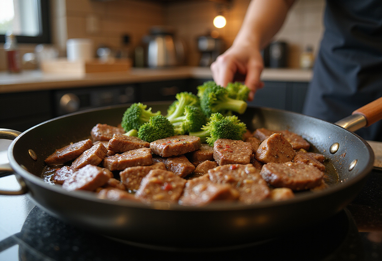 Cooking thinly sliced beef for Easy Beef and Broccoli, showcasing the delicious sizzling and vibrant colors of the ingredients.