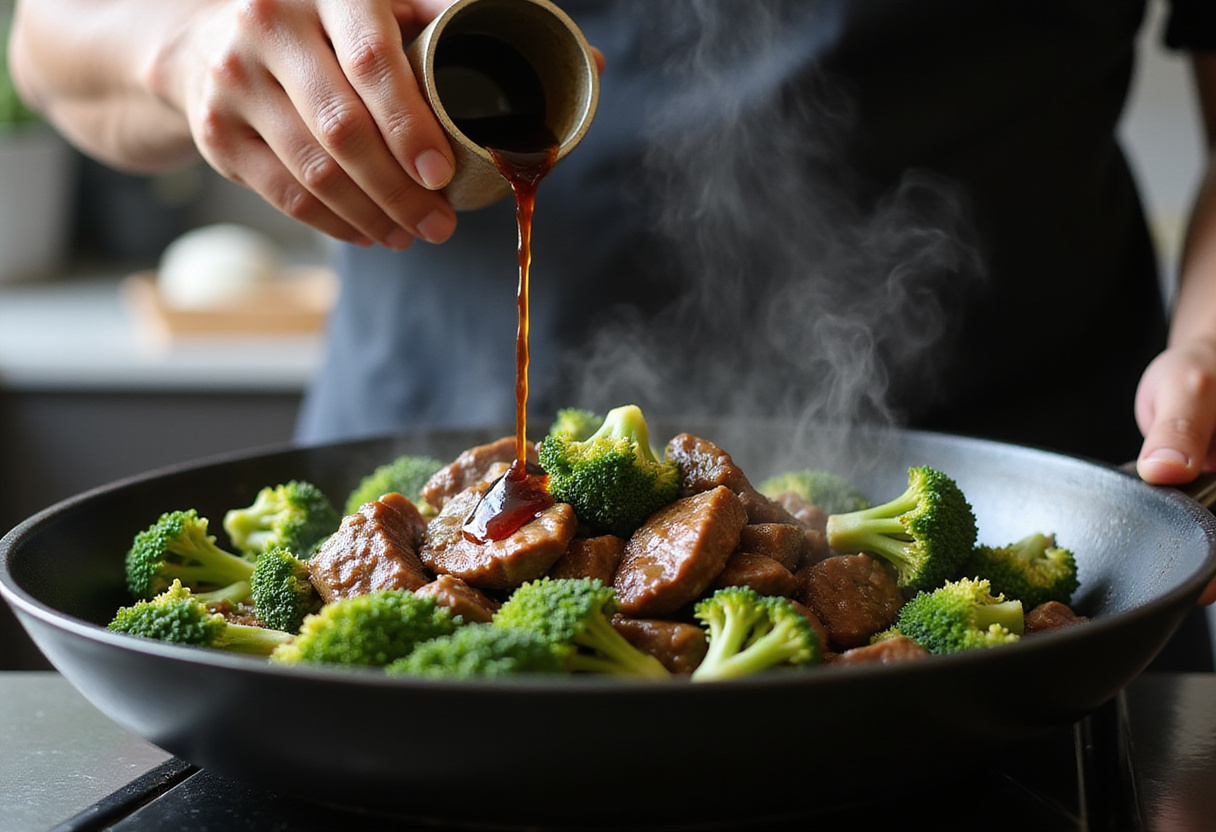 Adding savory sauce to the beef and broccoli stir-fry in the pan, enhancing the flavors in this Easy Beef and Broccoli Recipe.