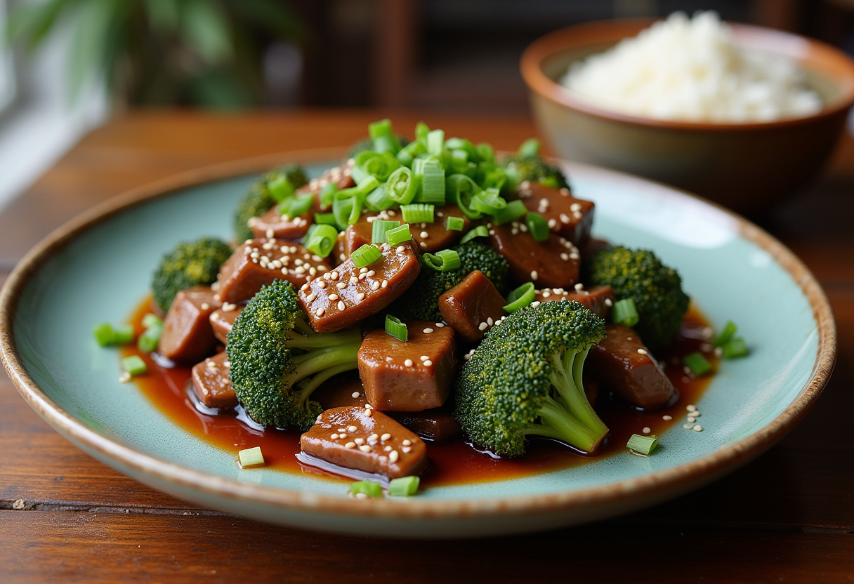 Plating the Easy Beef and Broccoli dish, showcasing a delicious meal with rice and vibrant colors.