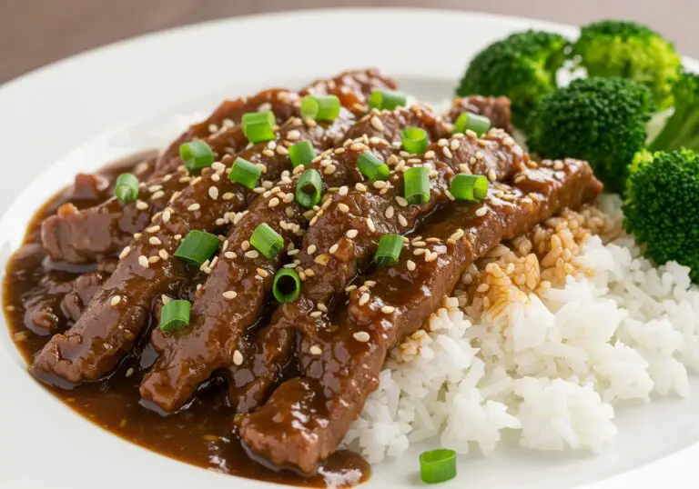Final presentation of Easy Chinese Pepper Steak on a plate with rice, garnished for an appetizing look, perfect for serving at home.