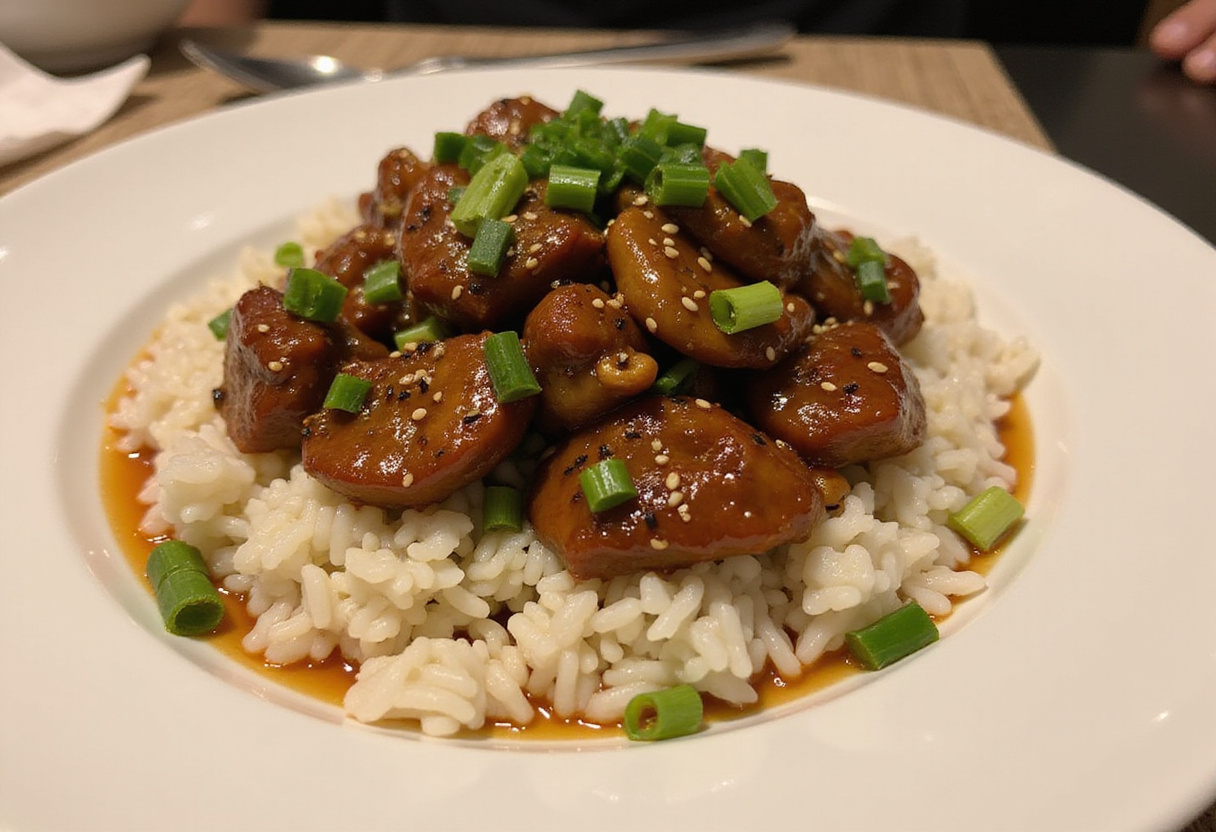 Final presentation of Easy Chinese Pepper Steak on a plate with rice, garnished for an appetizing look, perfect for serving at home.