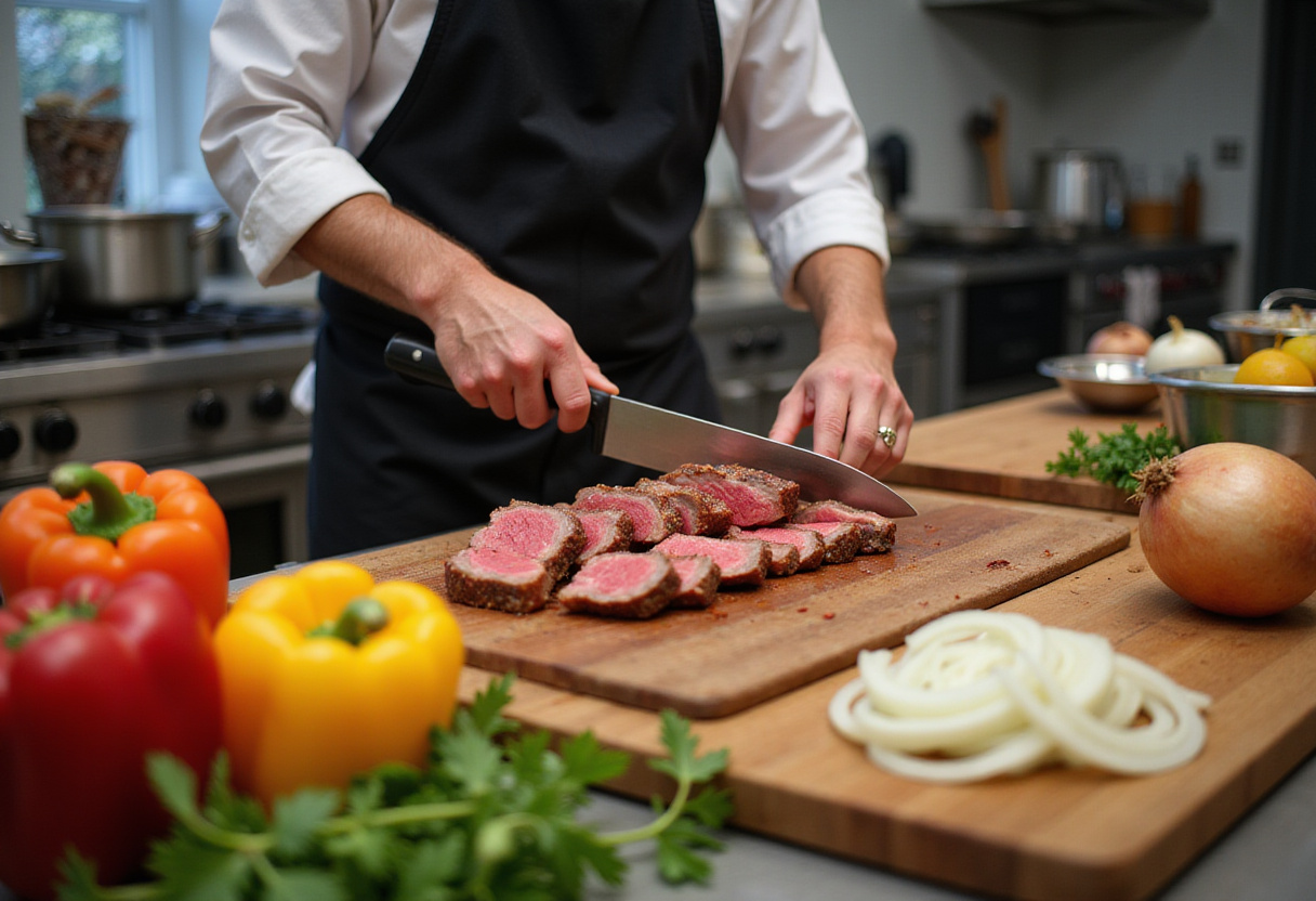 Easy Chinese Pepper Steak Recipe preparation with thinly sliced sirloin steak, bell peppers, and onions for a delicious stir fry.