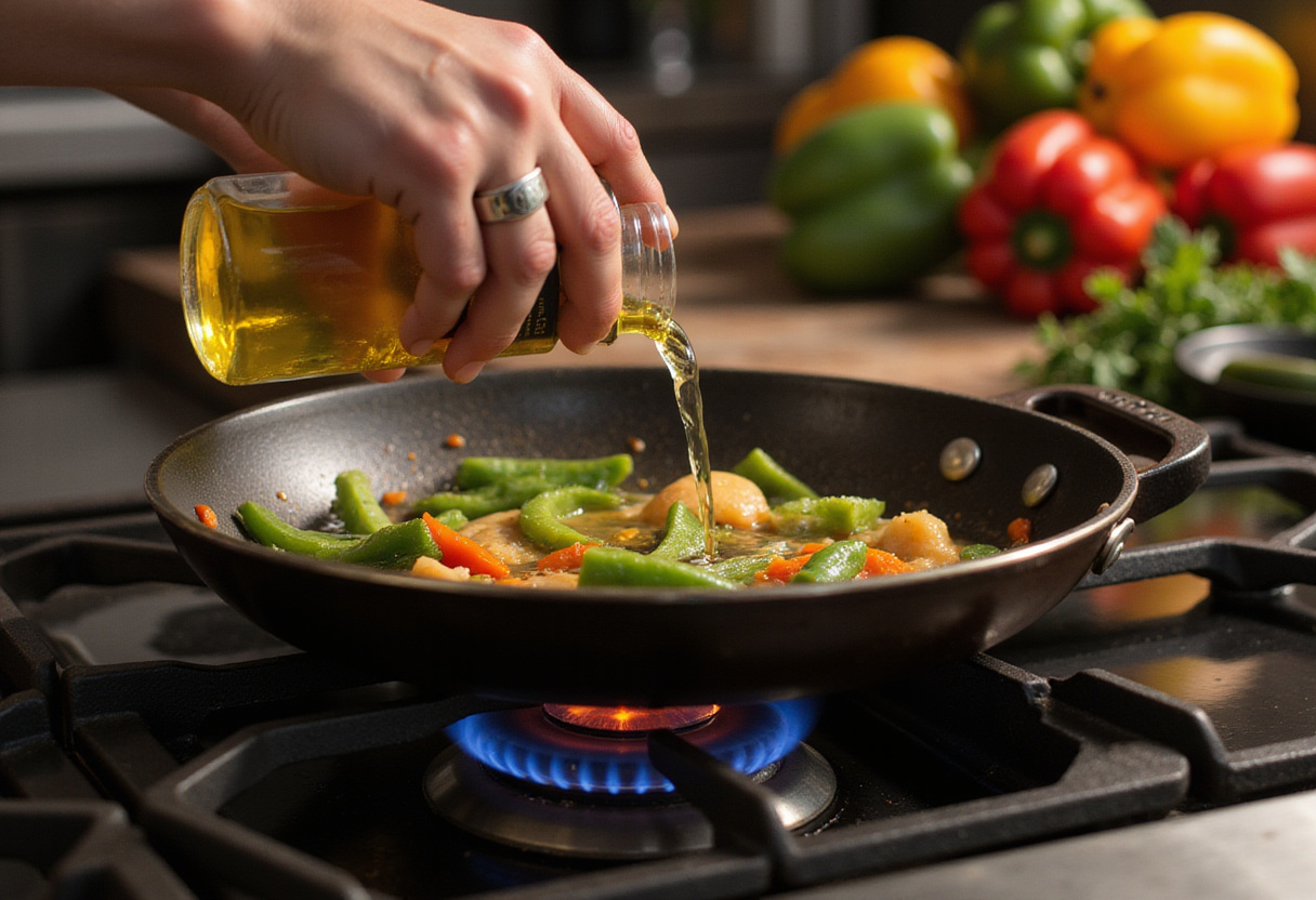 Cooking Easy Chinese Pepper Steak with hot oil in a frying pan, ready for bell peppers and tender steak to be added for a flavorful dish.