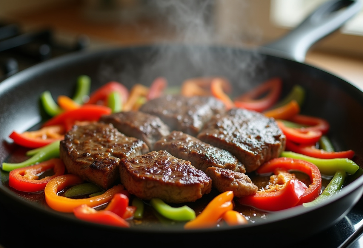 Stir frying Easy Chinese Pepper Steak with tender beef and bell peppers, showcasing the sizzling process that brings the flavors together.