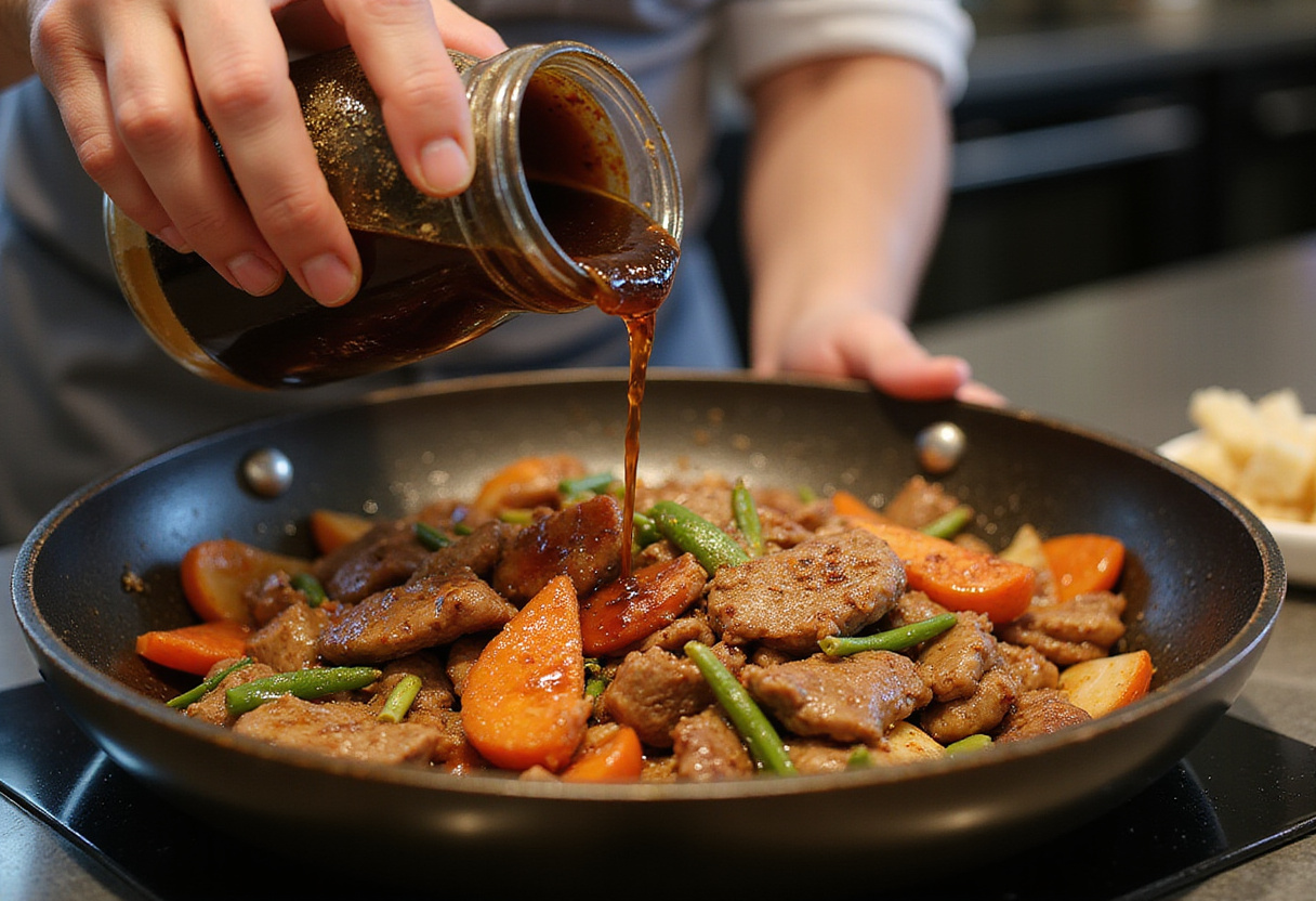 Adding soy sauce and spices to Easy Chinese Pepper Steak, highlighting the infusion of flavors in the stir fry for a tasty dish.