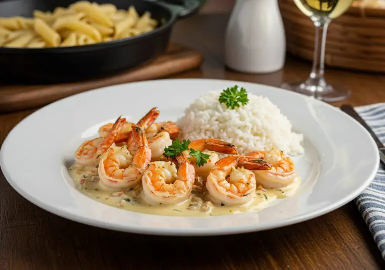 Finished Easy Creamy Garlic Shrimp on a plate, featuring a creamy sauce and vibrant garnishes, perfect for a delicious meal.