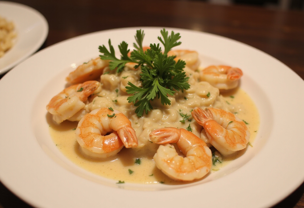 Finished Easy Creamy Garlic Shrimp on a plate, featuring a creamy sauce and vibrant garnishes, perfect for a delicious meal.