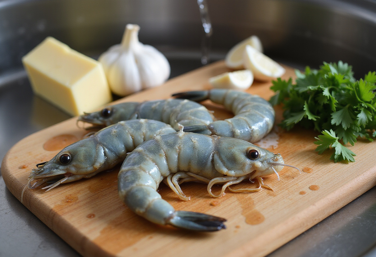 Fresh shrimp ready for Easy Creamy Garlic Shrimp recipe, showcasing clean ingredients like garlic and butter.