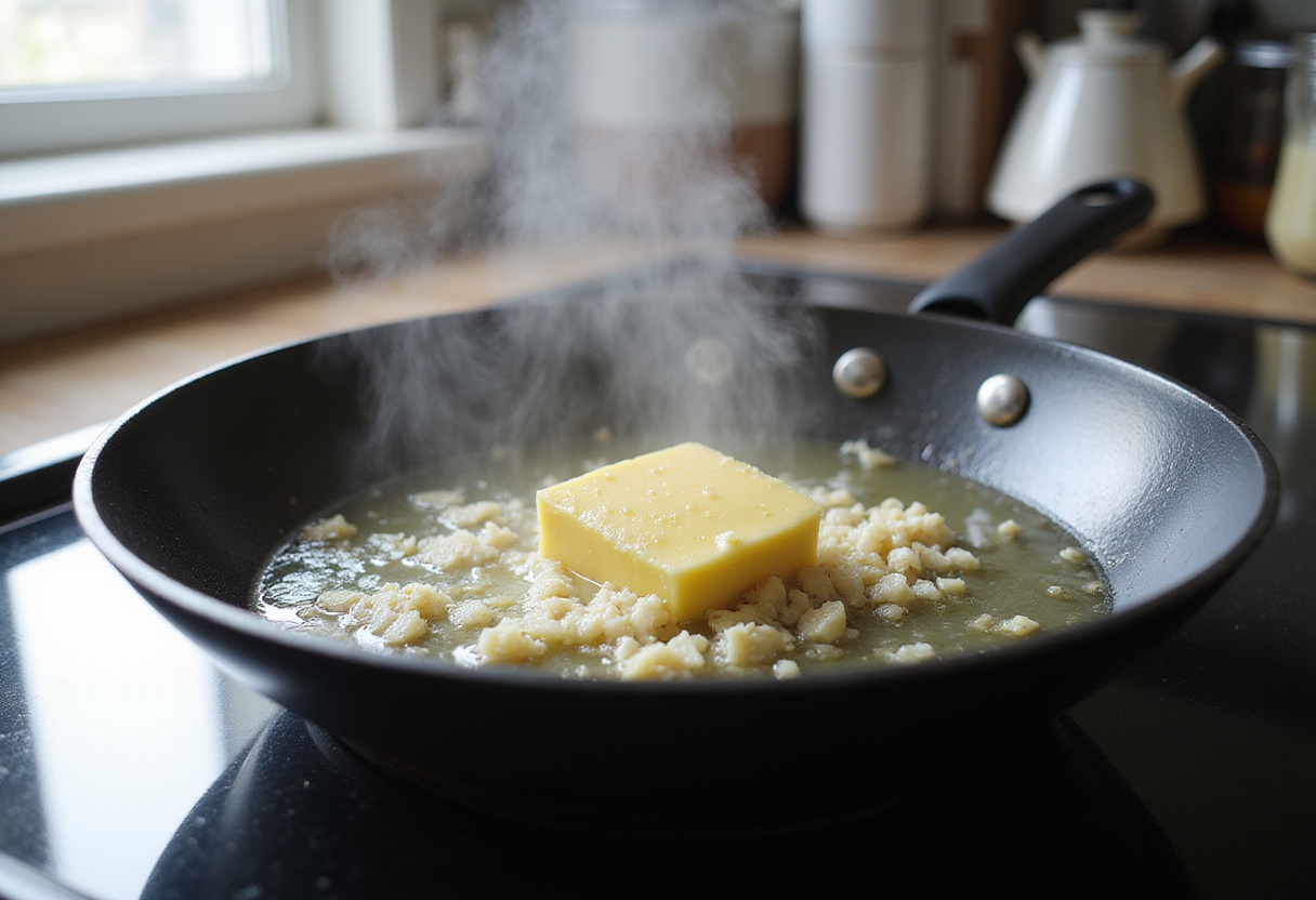 Cooking garlic in butter for Easy Creamy Garlic Shrimp, highlighting the savory flavors of the dish preparation.