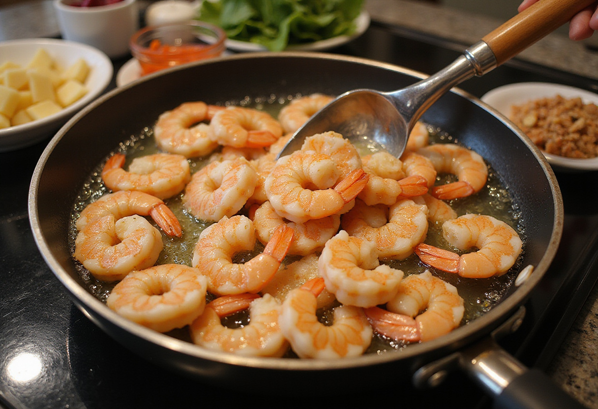 Adding shrimp to garlic butter mixture for Easy Creamy Garlic Shrimp, capturing the freshness of the seafood cooking process.