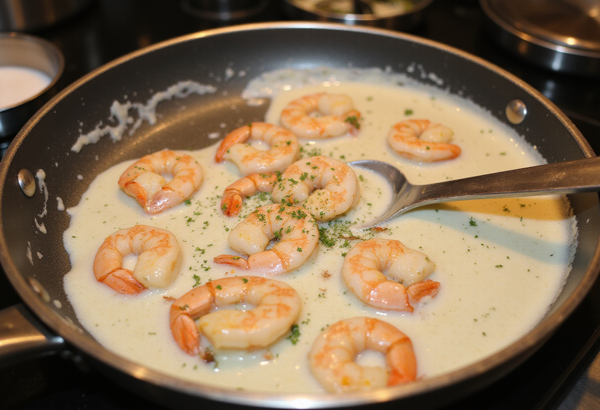 Creating a creamy sauce for Easy Creamy Garlic Shrimp, focusing on the luscious texture and flavor enhancement.