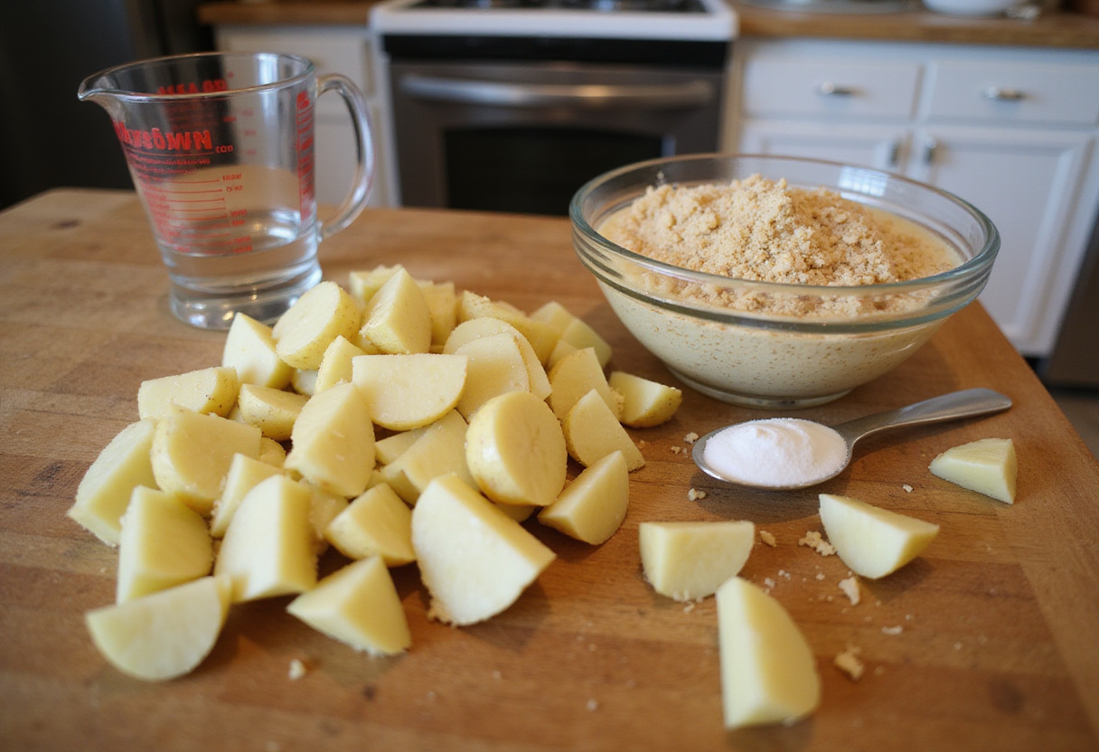 Easy Lipton Onion Soup Potatoes preparation with onion soup mix and fresh potatoes on a kitchen counter.