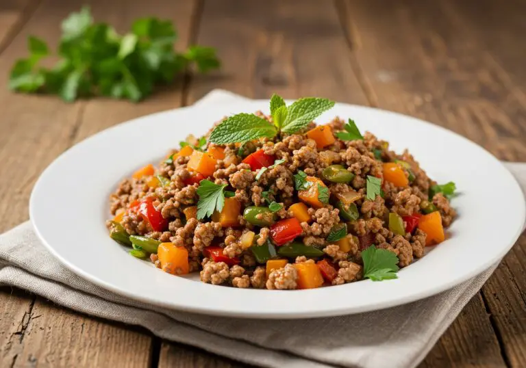 Delicious and vibrant Easy Mediterranean Ground Beef Stir Fry presented on a plate, showcasing the colorful ingredients and fresh herbs.