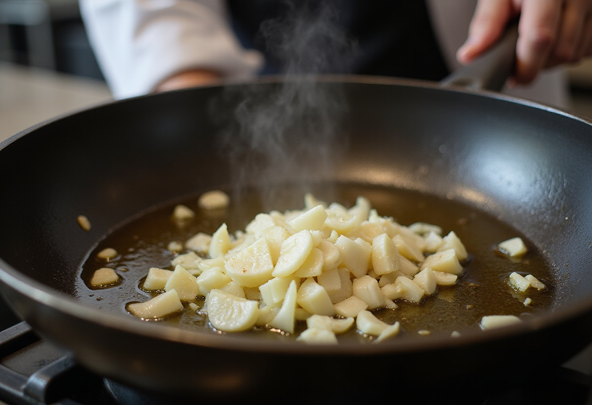 Prepare flavors for Easy Mediterranean Ground Beef Stir Fry by sautรฉing garlic and onions in olive oil.