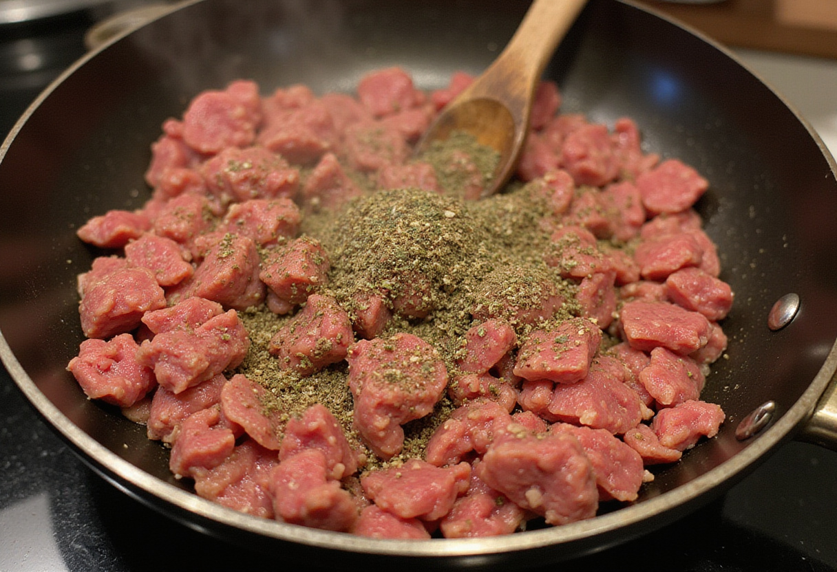 Add ground beef to create the base for Easy Mediterranean Ground Beef Stir Fry, infused with Italian herbs for flavor.