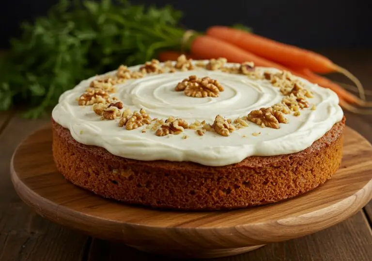 Finished Easy Oatmeal Carrot Cake with cream cheese frosting and walnuts served on a rustic wooden cake stand.