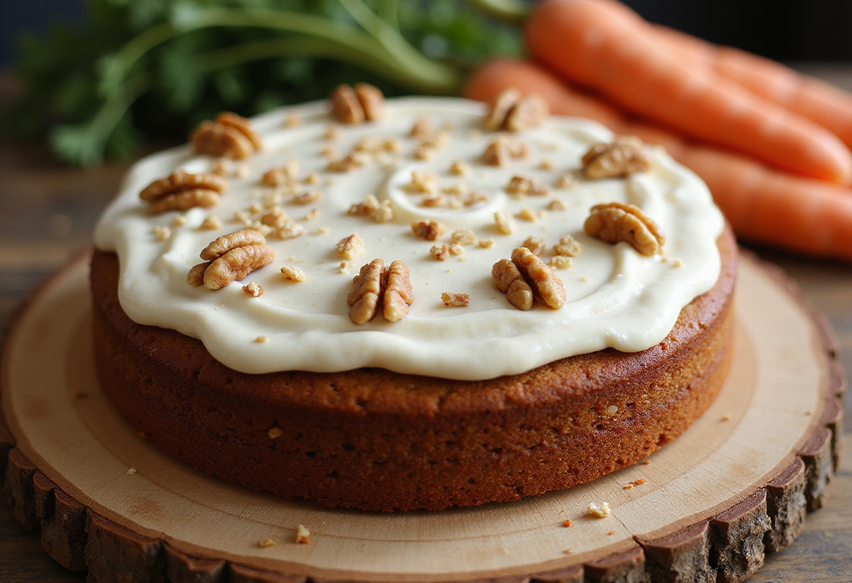 Finished Easy Oatmeal Carrot Cake with cream cheese frosting and walnuts served on a rustic wooden cake stand.