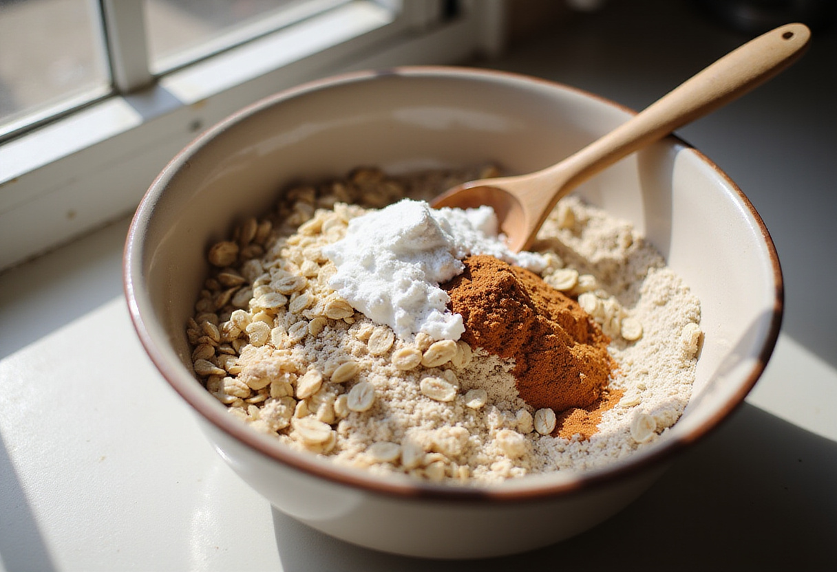 Mixing ingredients for Easy Oatmeal Carrot Cake with oats, flour, spices, and baking powder on a kitchen counter.