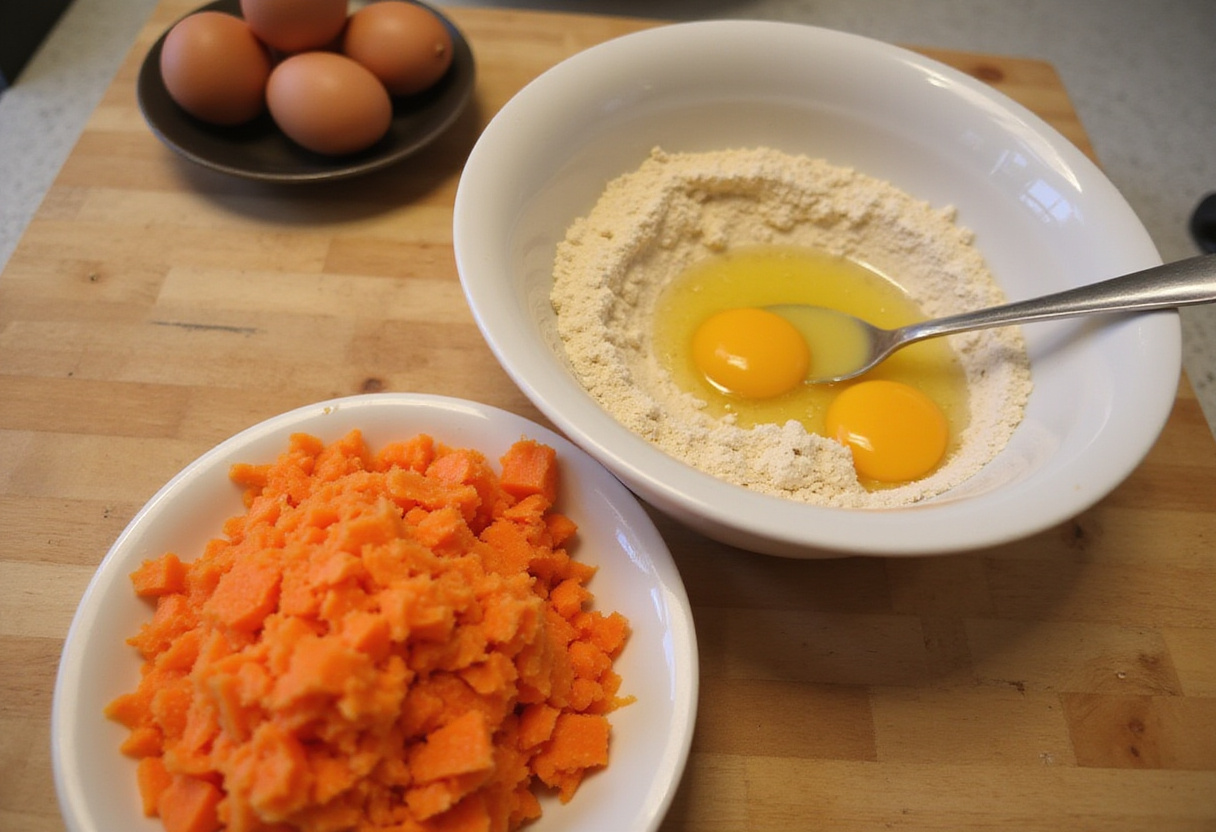 Preparing grated carrots alongside ingredients for Easy Oatmeal Carrot Cake, showcasing the fresh produce.