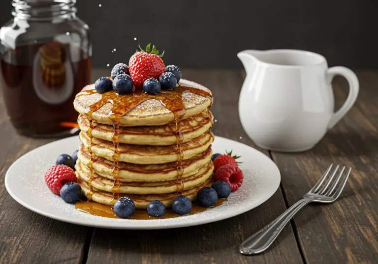 Delicious fluffy pancakes stacked high, topped with maple syrup and fresh berries, perfect for breakfast.