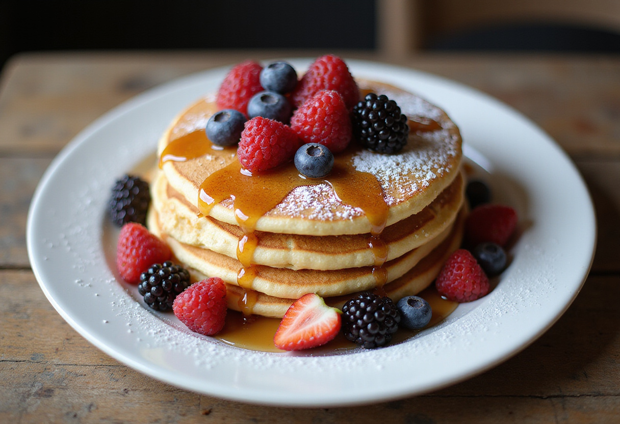 Delicious fluffy pancakes stacked high, topped with maple syrup and fresh berries, perfect for breakfast.