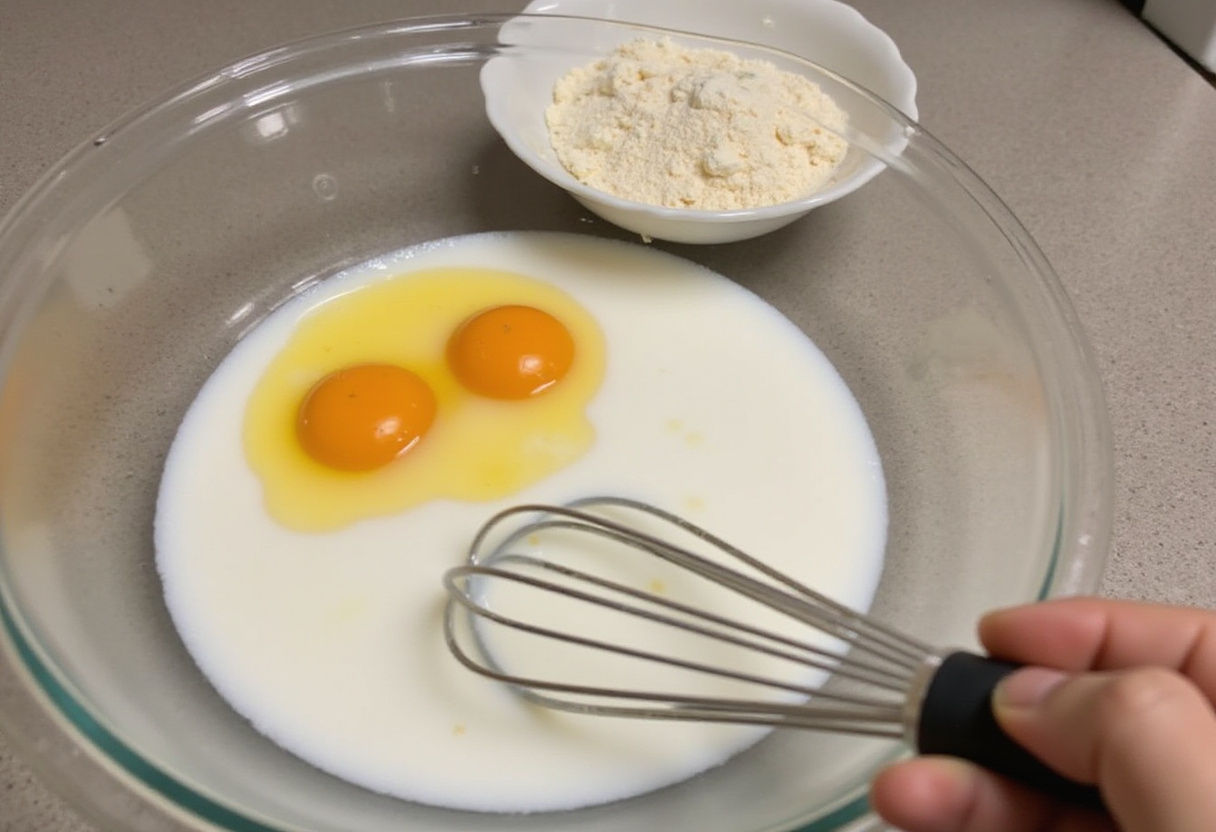Whisking milk and eggs for pancakes in preparation for a light fluffy pancake batter.