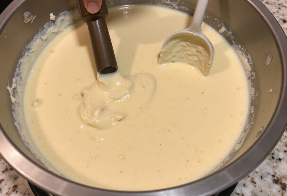 Combining dry and wet ingredients for fluffy pancakes, light batter being formed.