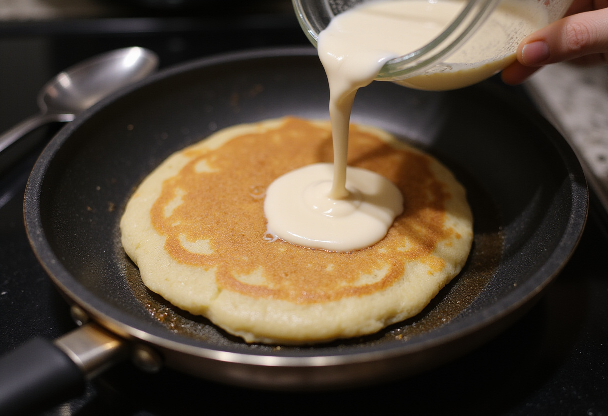 Pouring pancake batter onto a skillet, bubbles forming indicating they're ready to flip for fluffy pancakes.
