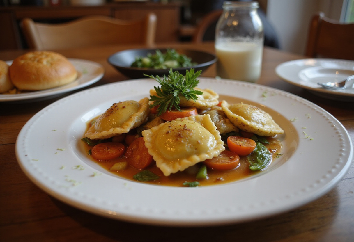 A stunning presentation of foil-pack ravioli dinner on a plate, showcasing the colorful vegetables and perfect cooking. Ideal for a delightful meal with family or friends.