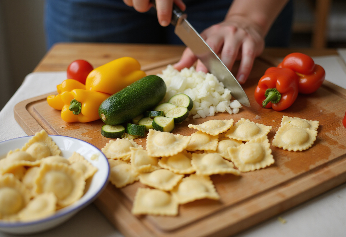 Fresh vegetables and cheese ravioli being prepared for a delicious foil-pack ravioli dinner. Colorful ingredients highlight the freshness of the meal.