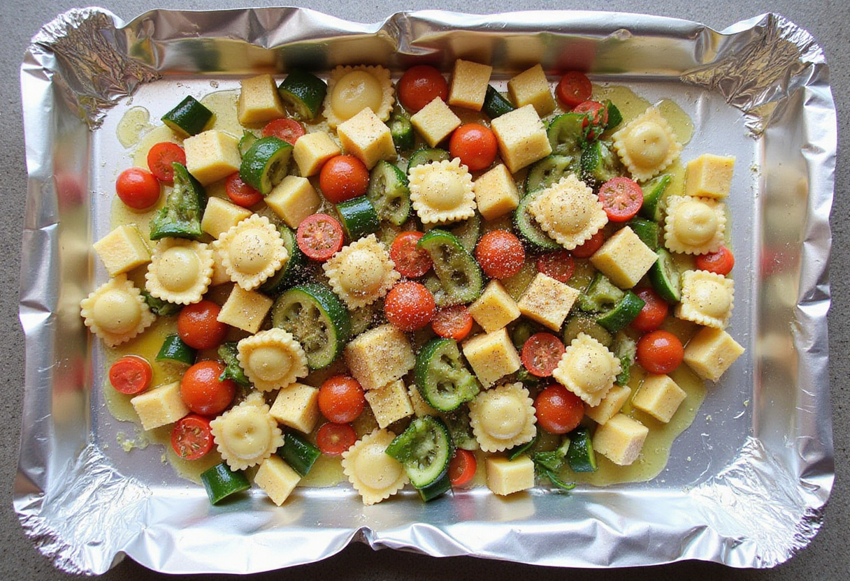 Arranging diced vegetables and ravioli on aluminum foil for an easy and delicious foil-pack ravioli dinner. The preparation stage emphasizes simplicity and flavor.