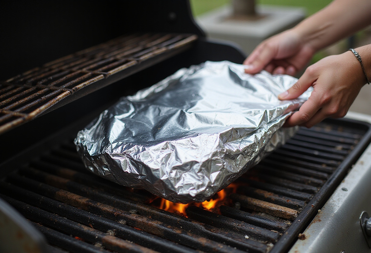 Closing the foil pack filled with ravioli and vegetables, ready to be grilled for a quick and flavorful dinner. The grilling process showcases a fun cooking method.