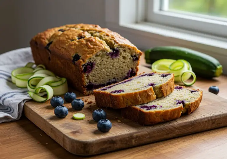 Freshly baked Blueberry Zucchini Bread slices beautifully presented on a wooden board, enhanced with blueberries, in a bright kitchen setting.