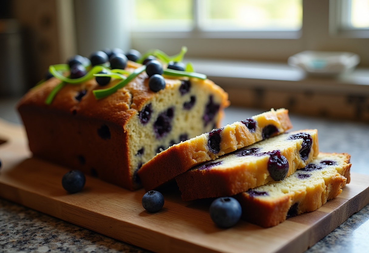 Freshly baked Blueberry Zucchini Bread slices beautifully presented on a wooden board, enhanced with blueberries, in a bright kitchen setting.