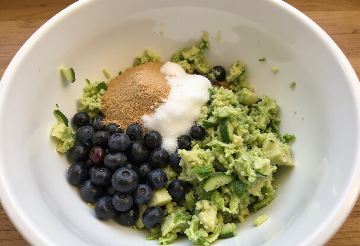 Fresh Blueberry Zucchini Bread ingredients mixture including grated zucchini and blueberries on a kitchen countertop.