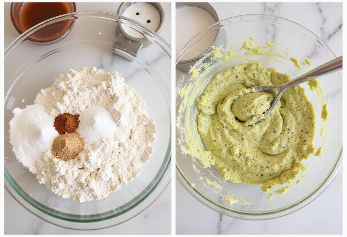 Flour mixture for Fresh Blueberry Zucchini Bread with baking powder and cinnamon in a bright kitchen setting.