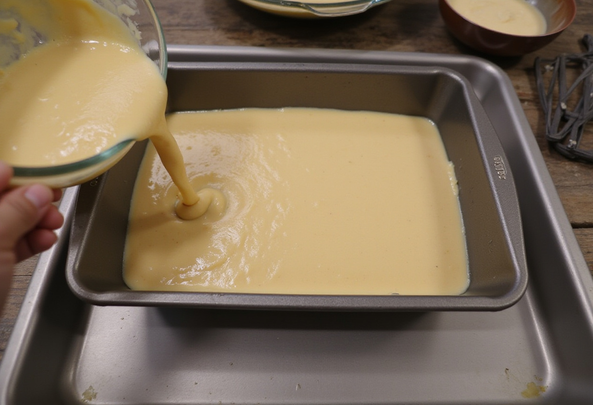 Pouring batter for Fresh Blueberry Zucchini Bread into a loaf pan, showcasing preparation in a warm kitchen.