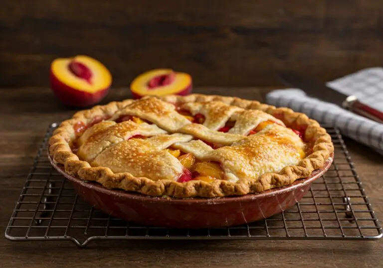 Freshly baked peach and rhubarb pie cooling on a rack, showcasing a golden crust and bubbling filling in a rustic kitchen.