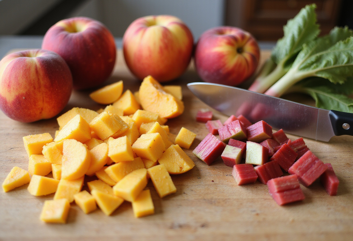 Fresh peach and rhubarb preparation with ripe peaches and vibrant rhubarb stalks on a kitchen countertop.