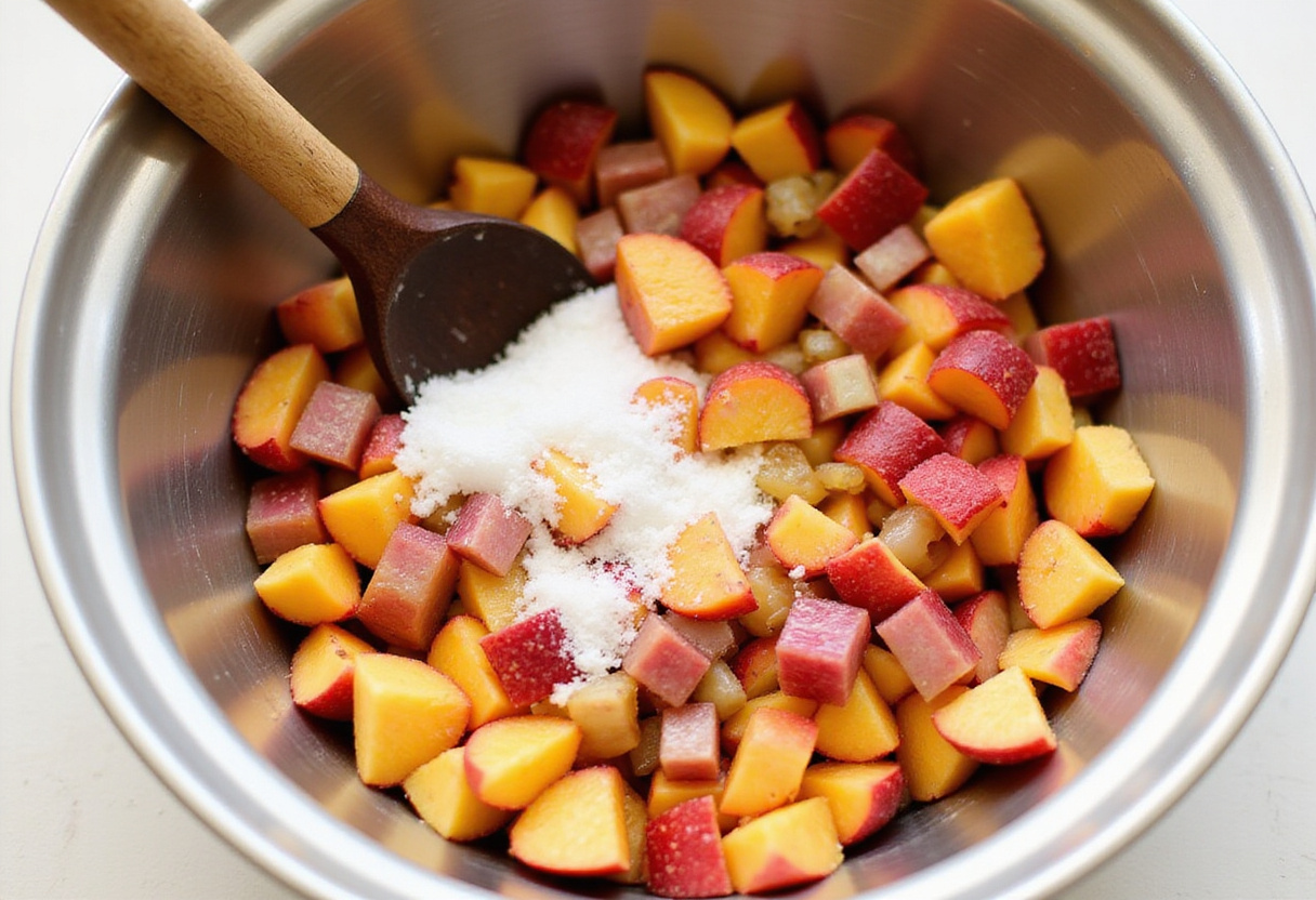 Peach and rhubarb mixture being mixed with sugar and lemon juice in a large bowl, highlighting the vibrant colors.