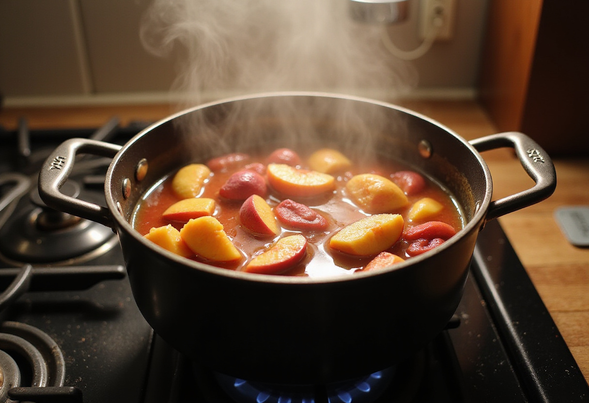 Simmering peach and rhubarb mixture in a saucepan on the stove, creating a warm and inviting kitchen atmosphere.