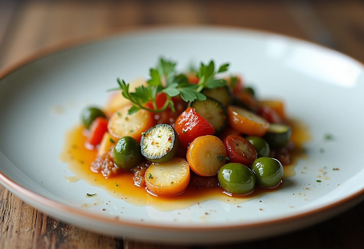 Indulge in a visually stunning garden-to-table summer dish of sautรฉed vegetables beautifully arranged, highlighting the essence of fresh and healthy summer recipes.