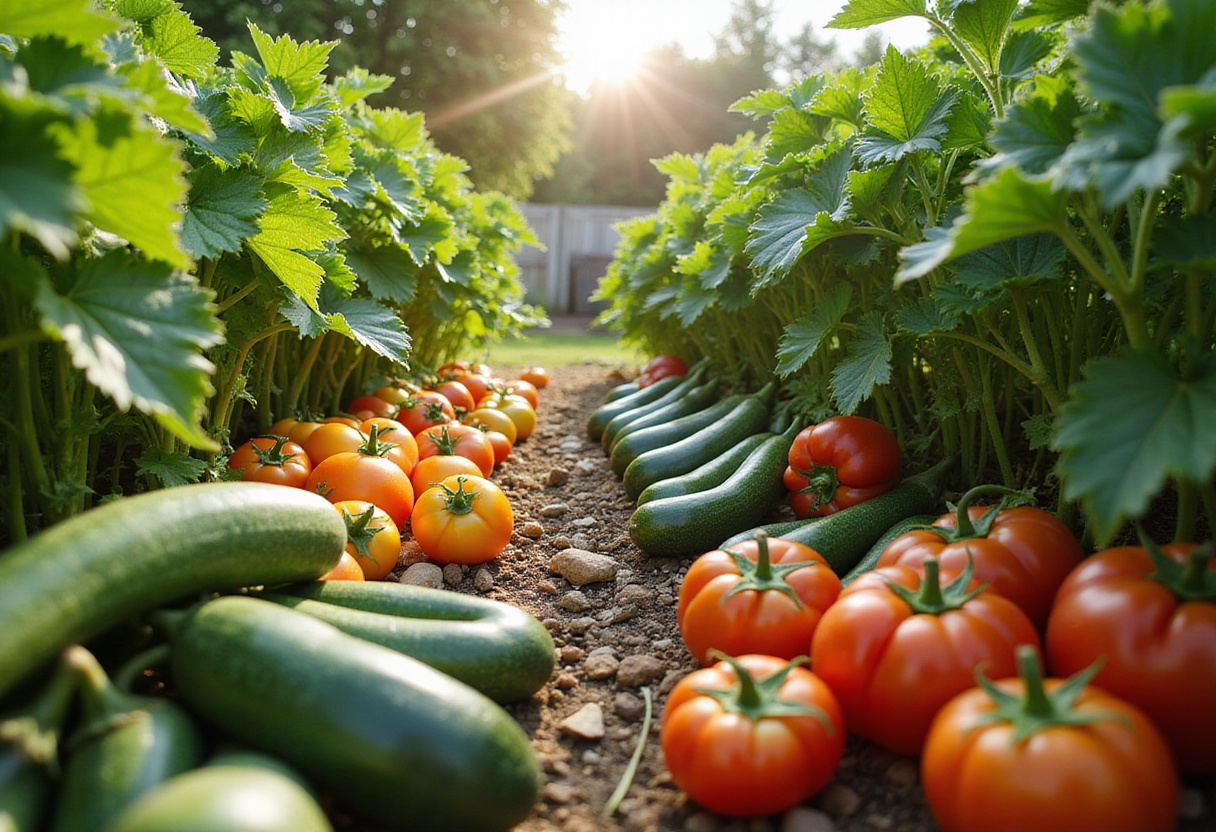 Explore the freshness of summer with a garden-to-table bounty featuring ripe tomatoes, fresh peppers, and zucchini in a sunlit vegetable garden.