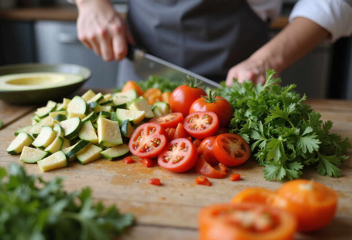 Experience the vibrant colors of summer cooking with a chopping board adorned with fresh chopped tomatoes, zucchini, and herbs for a healthy meal.
